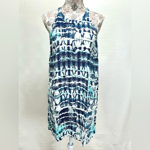 NICOLE MILLER Navy and aqua 💯 Linen halter neck mini dress size M. - Picture 1 of 12